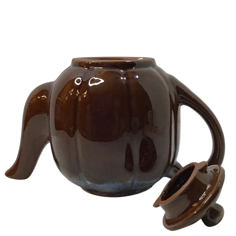 Vintage Ceramic Teapot‎ Brown Blue Glaze Rustic Country Kitchenware